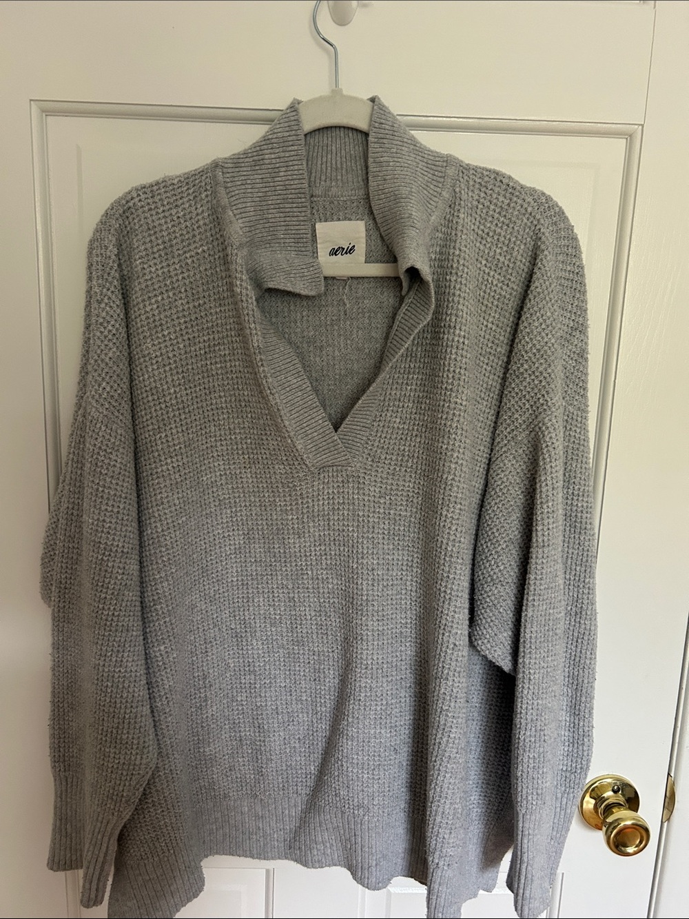 Aerie CozyUp Waffle Split-Neck Sweater Oversized Gray Pullover Knit Sz L